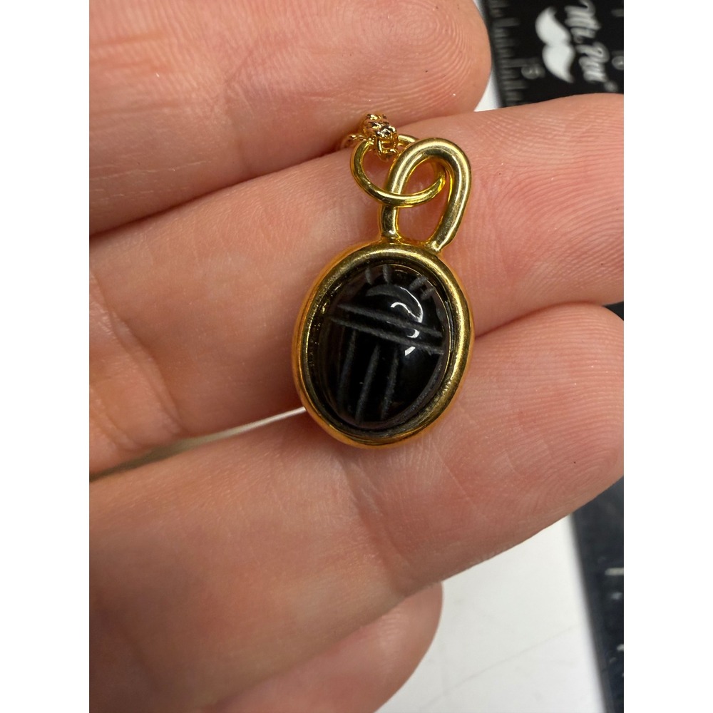 Gold Tone Black Carved Scarab Beetle Pendant Necklace Egyptian Revival 18 Inch